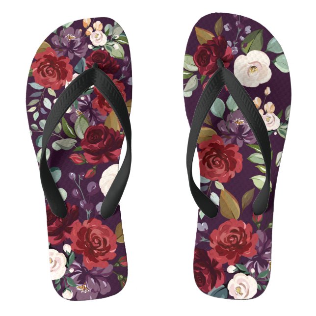 Flipflop Sandals Plum Purple Roses Gold Geometric (Footbed)