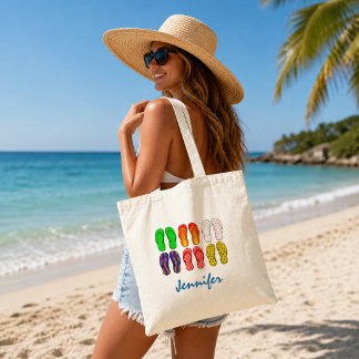 Flipflops image summer vacation beach name tote bag