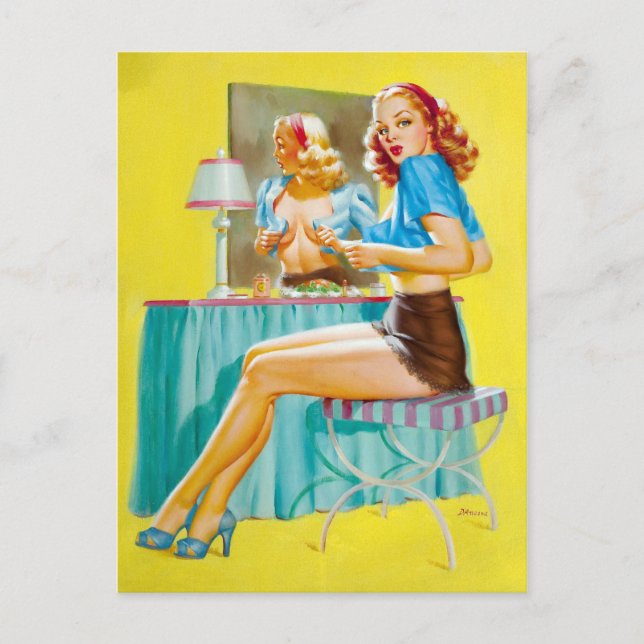 Flirting at Mirror Pin Up Postcard (Front)