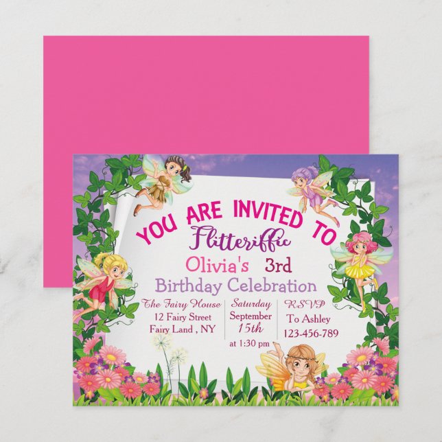 Flitteriffic Pink Magical Fairy Land 3rd Birthday Invitation (Front/Back)