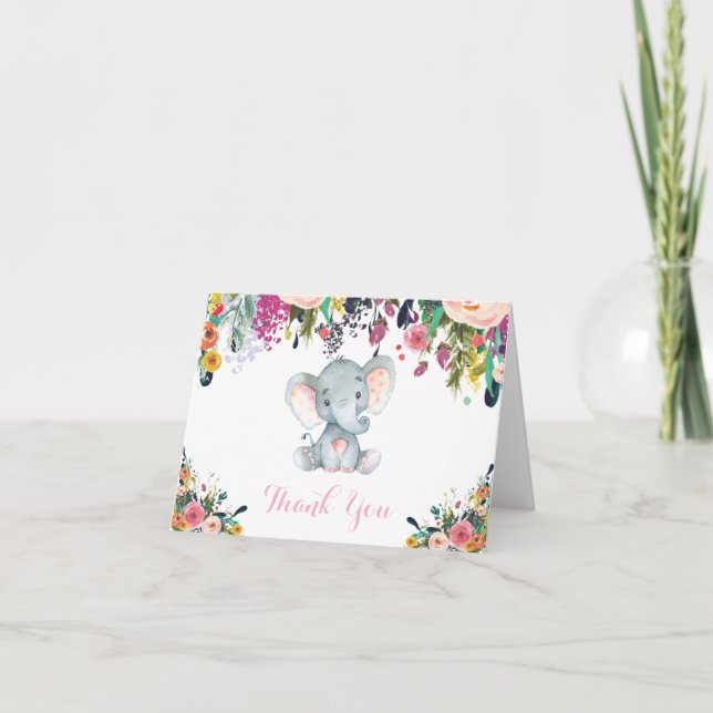Floarl Cute Elephant Baby Girl Pink and Gray Thank You Card (Front)