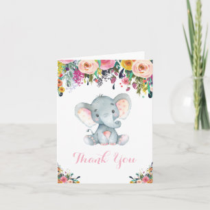 Floarl Cute Elephant Baby Girl Pink and Grey Thank You Card