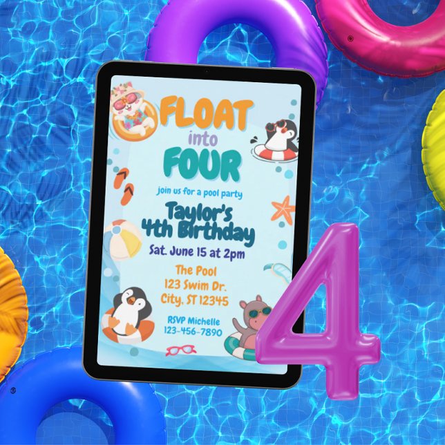 Float into Four, Pool Animals 4th Birthday Invitation (Creator Uploaded)