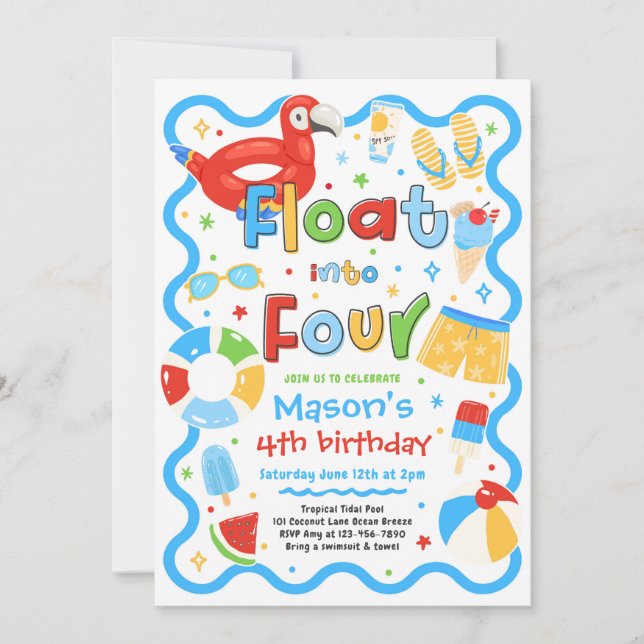 Float Into Four Summer Pool Party 4th Birthday Invitation (Front)