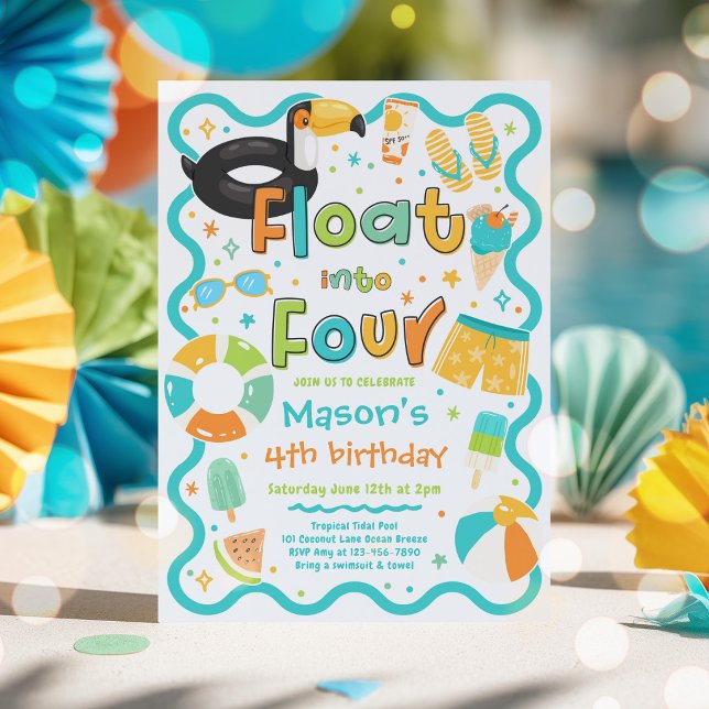 Float Into Four Summer Pool Party 4th Birthday Invitation (Creator Uploaded)