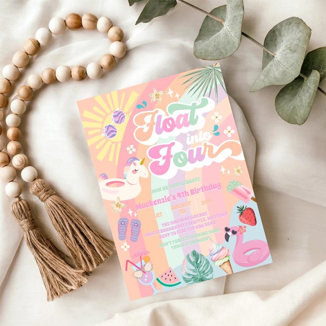 Float Into Four Summer Rainbow Sun 4th Birthday  Invitation (Creator Uploaded)