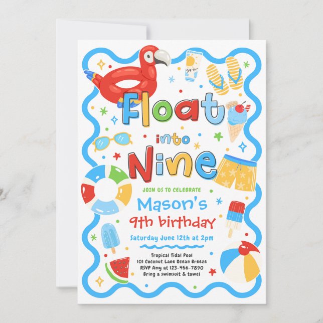 Float Into Nine Summer Pool Party 9th Birthday Invitation (Front)