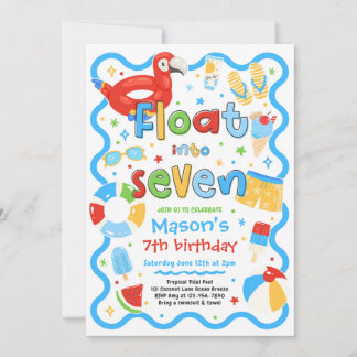Float Into Seven Summer Pool Party 7th Birthday Invitation
