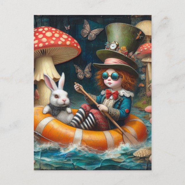 Float Trip Alice White Rabbit encaustic collage  Postcard (Front)