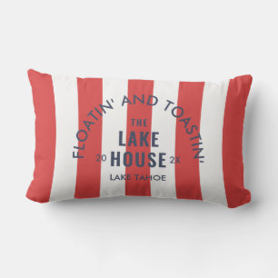 Floatin' And Toastin' The Lake House Red Stripe Lumbar Pillow