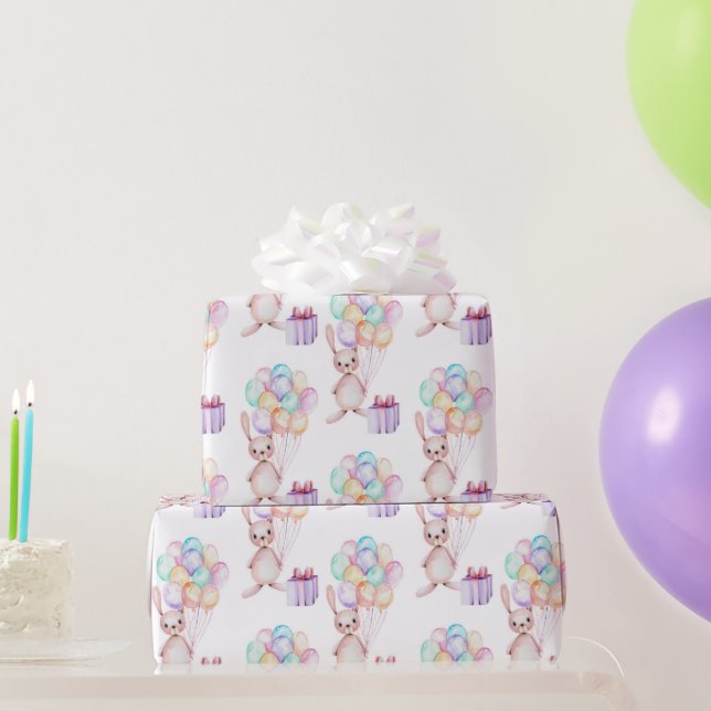 Floating Balloons Bunny Rabbit in Pastels Wrapping Paper (Party Gifts)