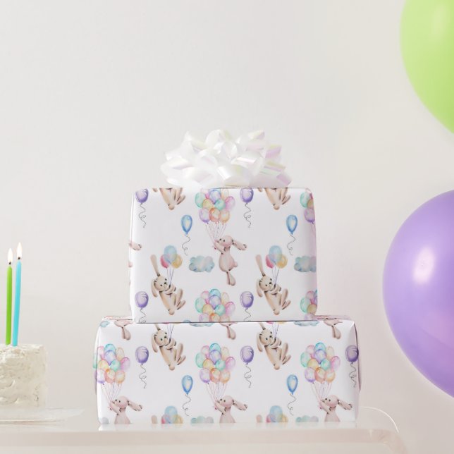 Floating Balloons Bunny Rabbit in Pastels Wrapping Wrapping Paper (Party Gifts)