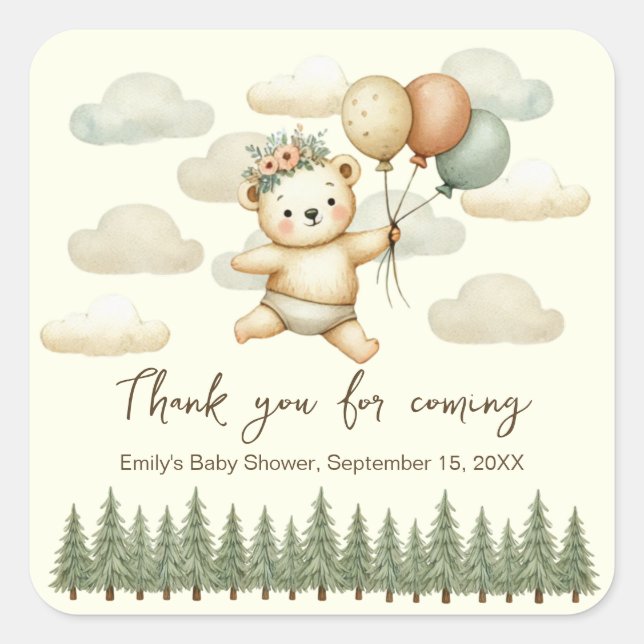 Floating Bear Adventures Baby Shower Square Sticker (Front)