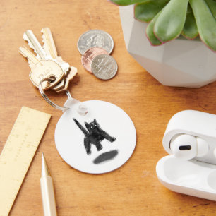 Floating Black Cat Raised Tail Pencil Art Keychain