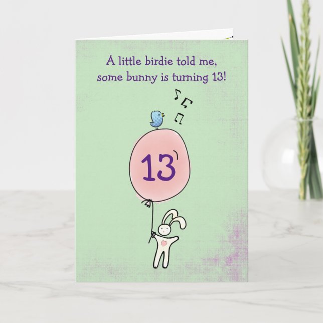 Floating Bunny Holding a Balloon Birthday Card (Front)