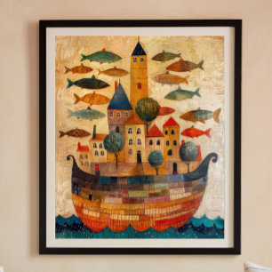 Floating Castle On A Ship Folk Art Poster