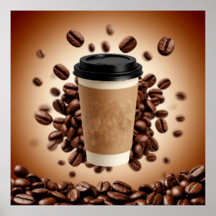 Floating Coffee Cup With Coffee Beans Poster