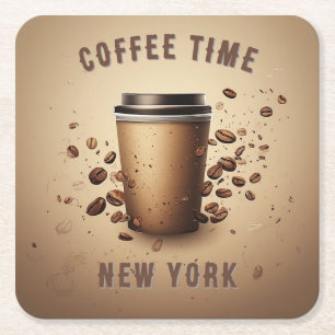 Floating Coffee Cup With Coffee Beans Square Paper Coaster