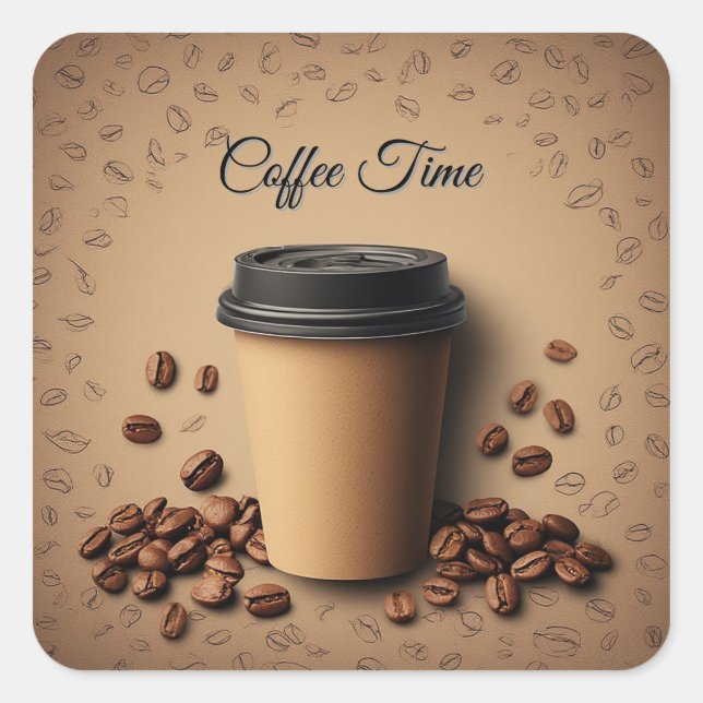 Floating Coffee Cup With Coffee Beans Square Sticker (Front)
