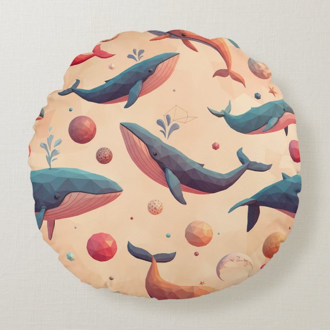 Floating Cosmic Whales Round Pillow (Front)