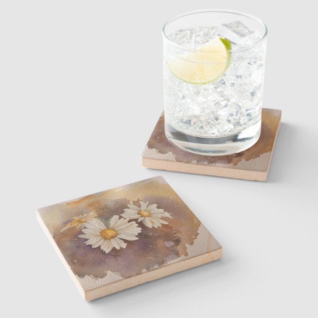 Floating Daisy Watercolor  Stone Coaster (Side)