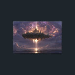 Floating Fantasy Castle Cloud Beams Glow Canvas Print<br><div class="desc">An immense floating island crowned by a grand, spired castle city gleams amid turbulent purple-orange clouds, with powerful golden light beams pouring downward to touch a serene ocean surface. Stars scatter across the night sky while a low sunset horizon warms the edges in peach and rose, creating layers of depth,...</div>