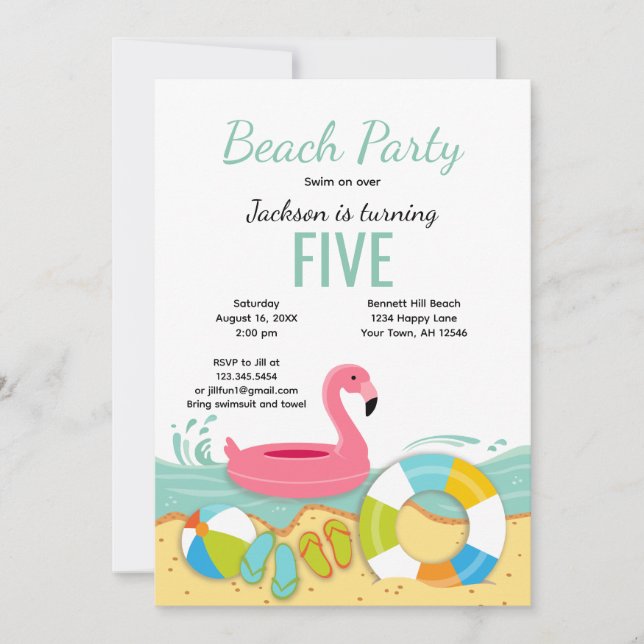 Floating Flamingo Beach Party Birthday Invitation (Front)