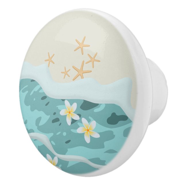 Floating Frangipanis on Beach Wave Meet Starfishes Ceramic Knob (Right)