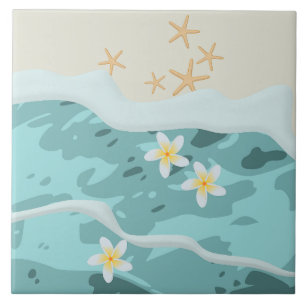 Floating Frangipanis on Beach Wave Meet Starfishes Tile