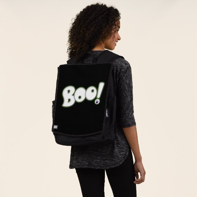Floating Ghost BOO Lettering with Bloodshot Eye Backpack (Worn)