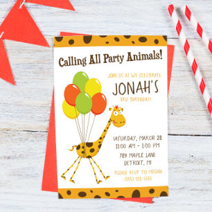 Floating Giraffe with Balloons Birthday Party Invitation