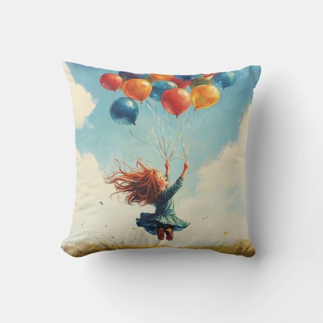 Floating Girl with Balloons Throw Pillow (Front)