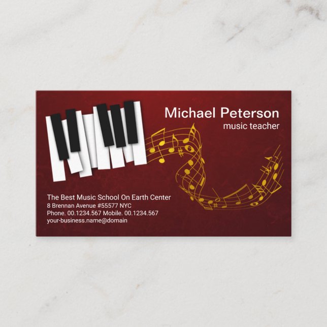 Floating Gold Music Notes Piano Keys Music Teacher Business Card (Front)