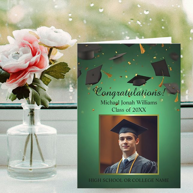 Floating Graduations Caps Confetti Photo on Green Card (Creator Uploaded)