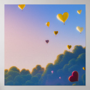 Floating Heart Balloons in the Sky Poster