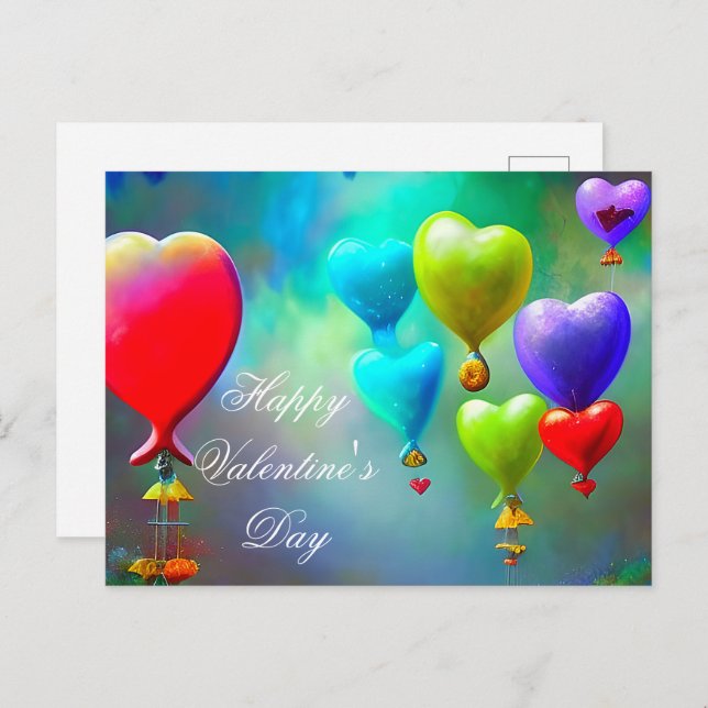 Floating heart balloons valentine postcard (Front/Back)