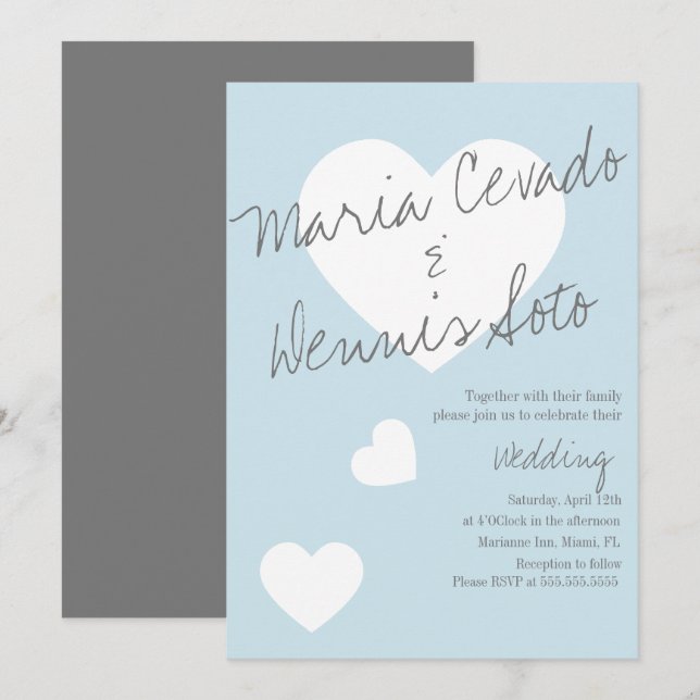 Floating Heart Lettering Script Wedding Blue Grey Invitation (Front/Back)