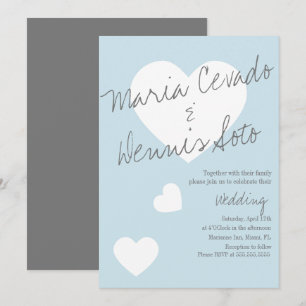 Floating Heart Lettering Script Wedding Blue Grey Invitation