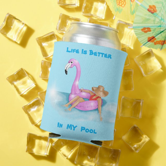 Floating in the Pool in Hot Pink Flamingo Float, C Can Cooler (In Situ Summer)