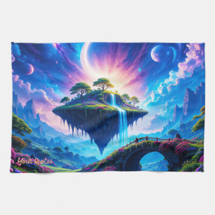 Floating Island with Waterfall and Crescent Moon Kitchen Towel
