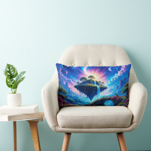 Floating Island with Waterfall and Crescent Moon Lumbar Pillow