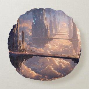 Floating Metropolis in the Clouds Round Pillow