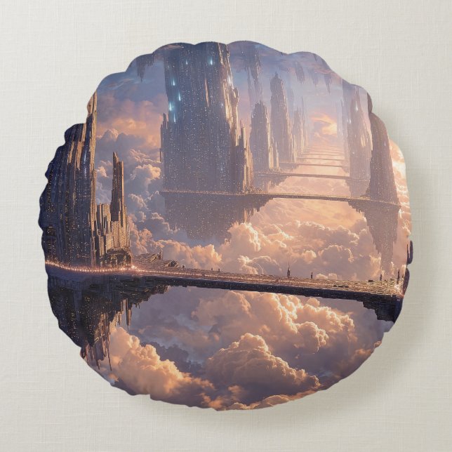 Floating Metropolis in the Clouds Round Pillow (Front)