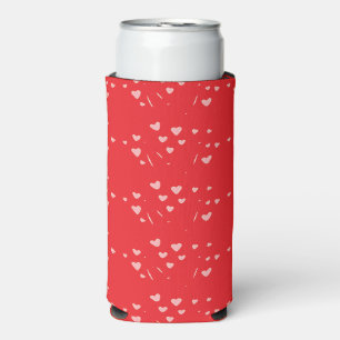 Floating pink hearts pattern on red  seltzer can cooler
