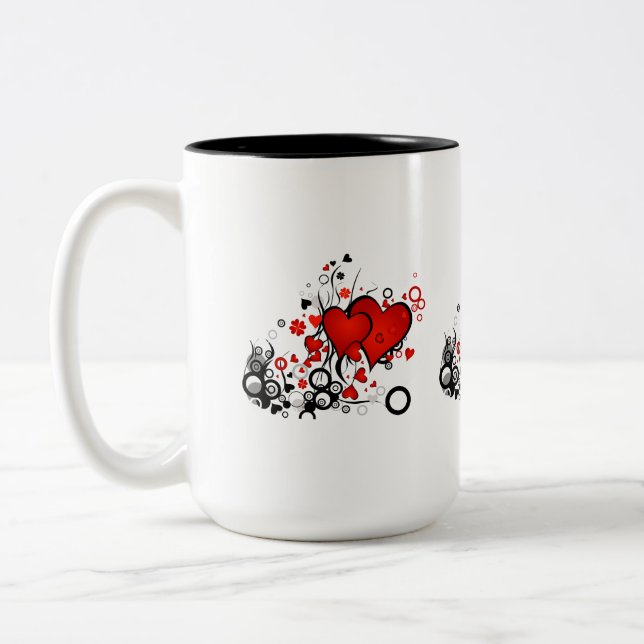 Floating Red Hearts Two-Tone Coffee Mug (Left)