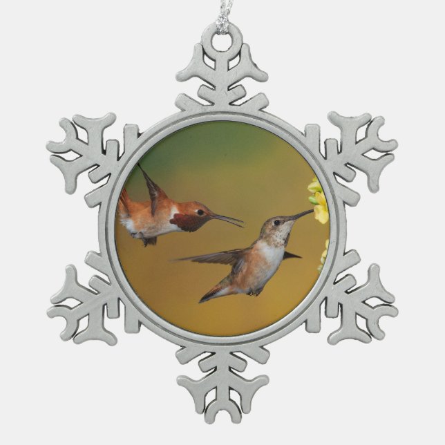 Floating Rufous Hummingbird Snowflake Pewter Christmas Ornament (Front)