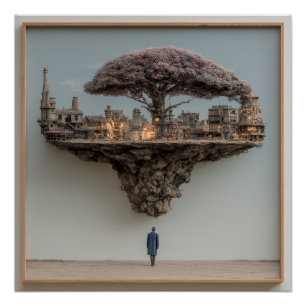 Floating Ruined City Blossom Tree Surreal Poster