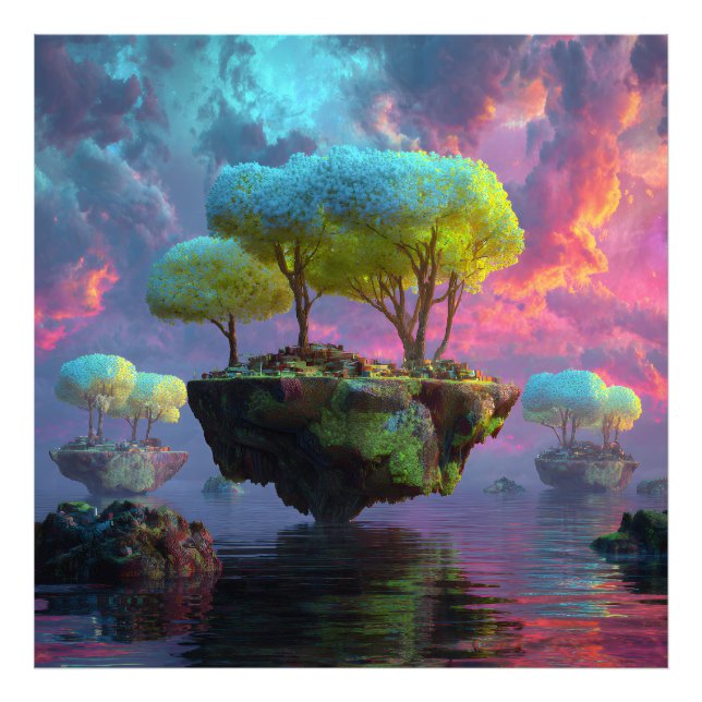 Floating Turquoise Tree Islands Neon Sky Photo Print (Front)