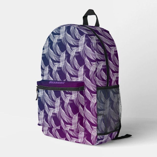 Floating White Feathers Personalized Printed Backpack (Back Corner Right)