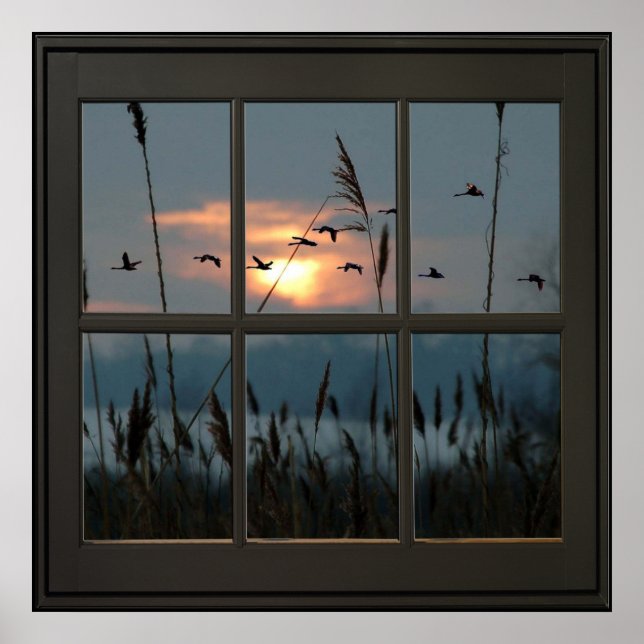 Flock of Birds Faux Window Illusion 24x24 Black Poster (Front)